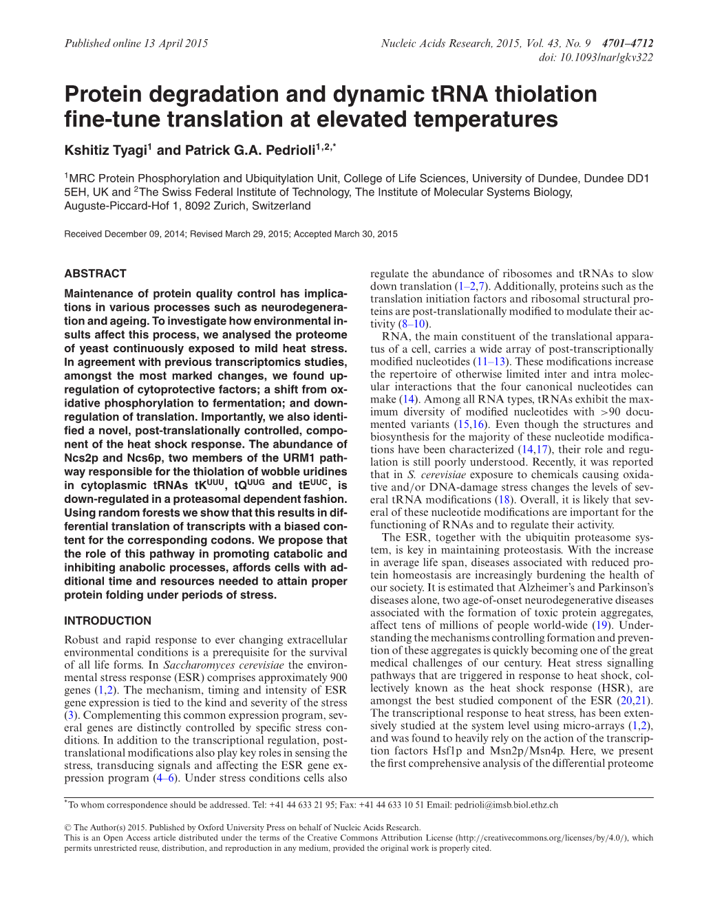 Protein Degradation and Dynamic Trna Thiolation Fine-Tune Translation