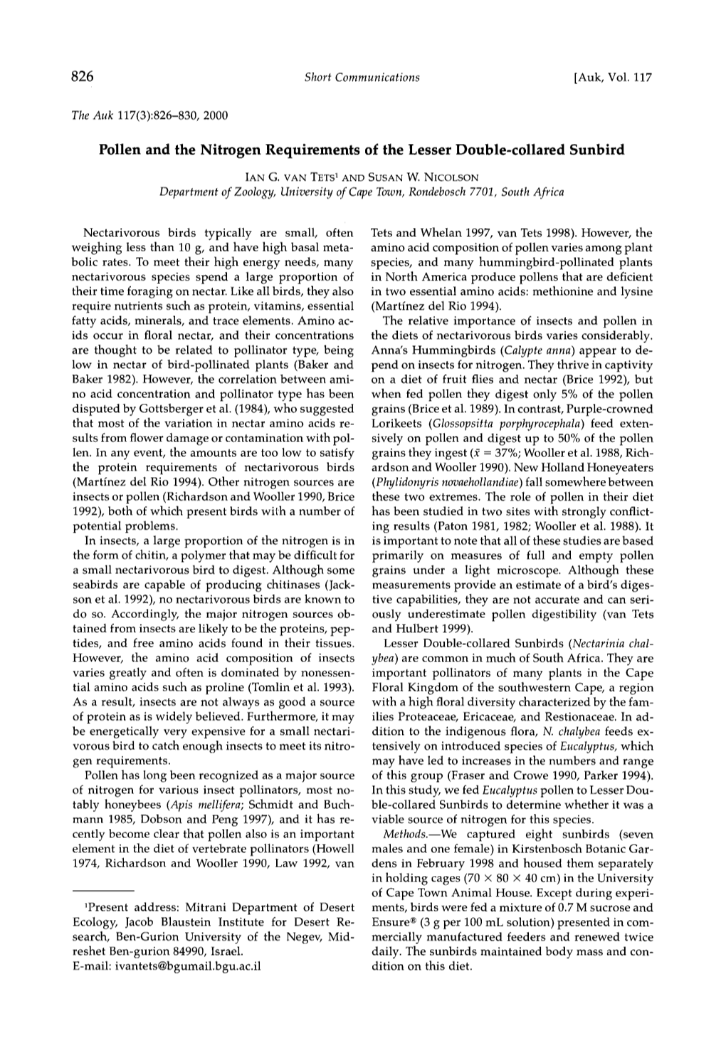 Pollen and the Nitrogen Requirements of the Lesser Double&Hyphen;Collared Sunbird