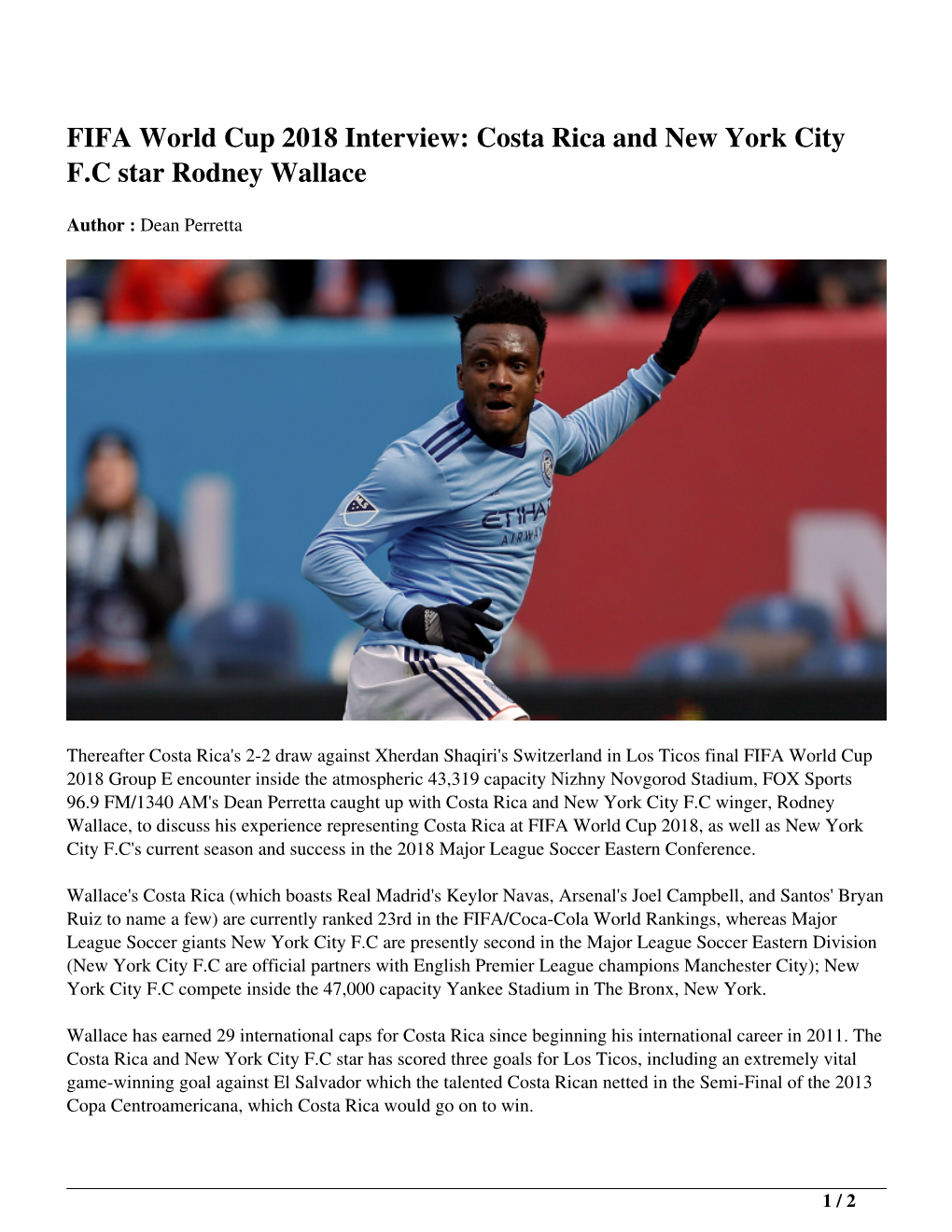 FIFA World Cup 2018 Interview: Costa Rica and New York City F.C Star Rodney Wallace
