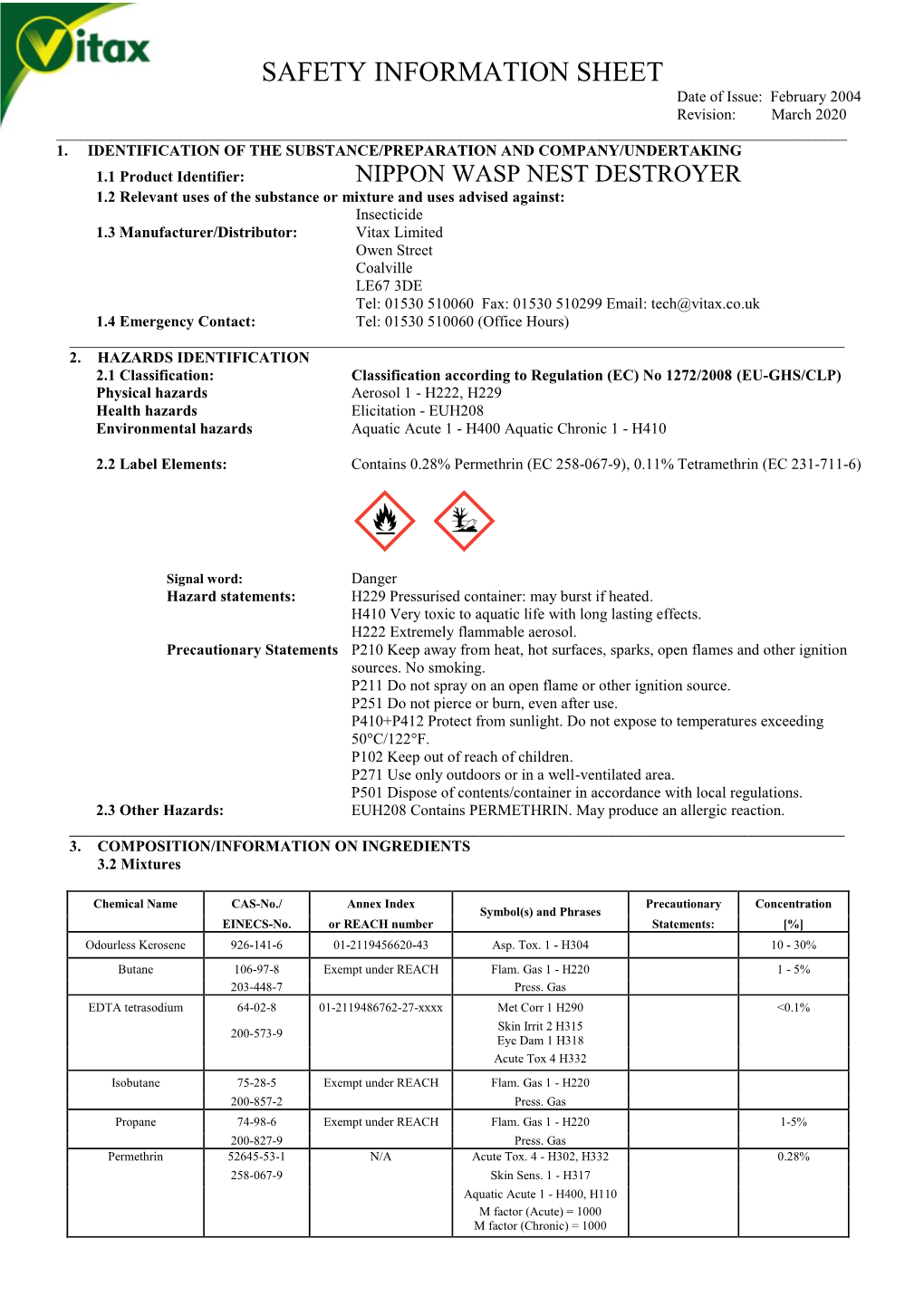 SAFETY INFORMATION SHEET Date of Issue: February 2004 Revision: March 2020 ______1