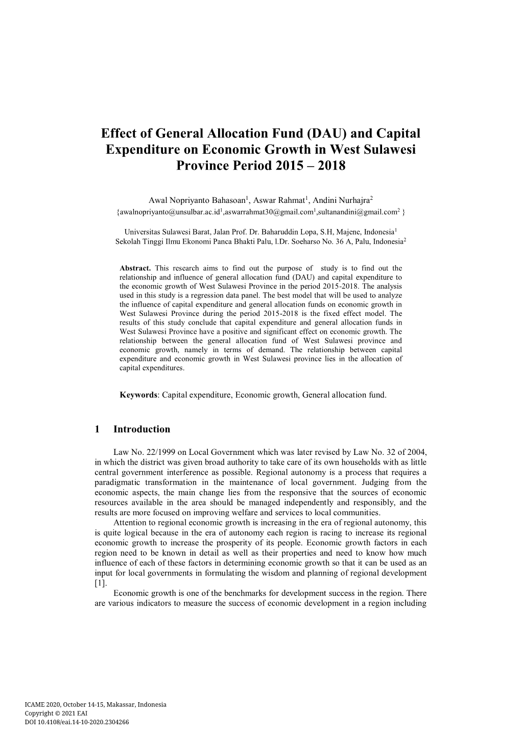 And Capital Expenditure on Economic Growth in West Sulawesi Province Period 2015 – 2018