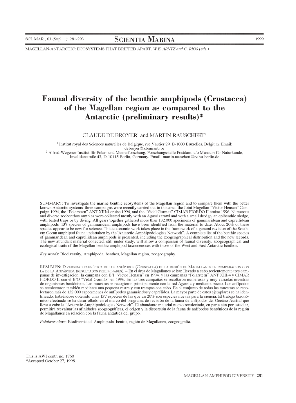 Faimal Diversity of the Benthic Amphipods (Crustacea) O F The