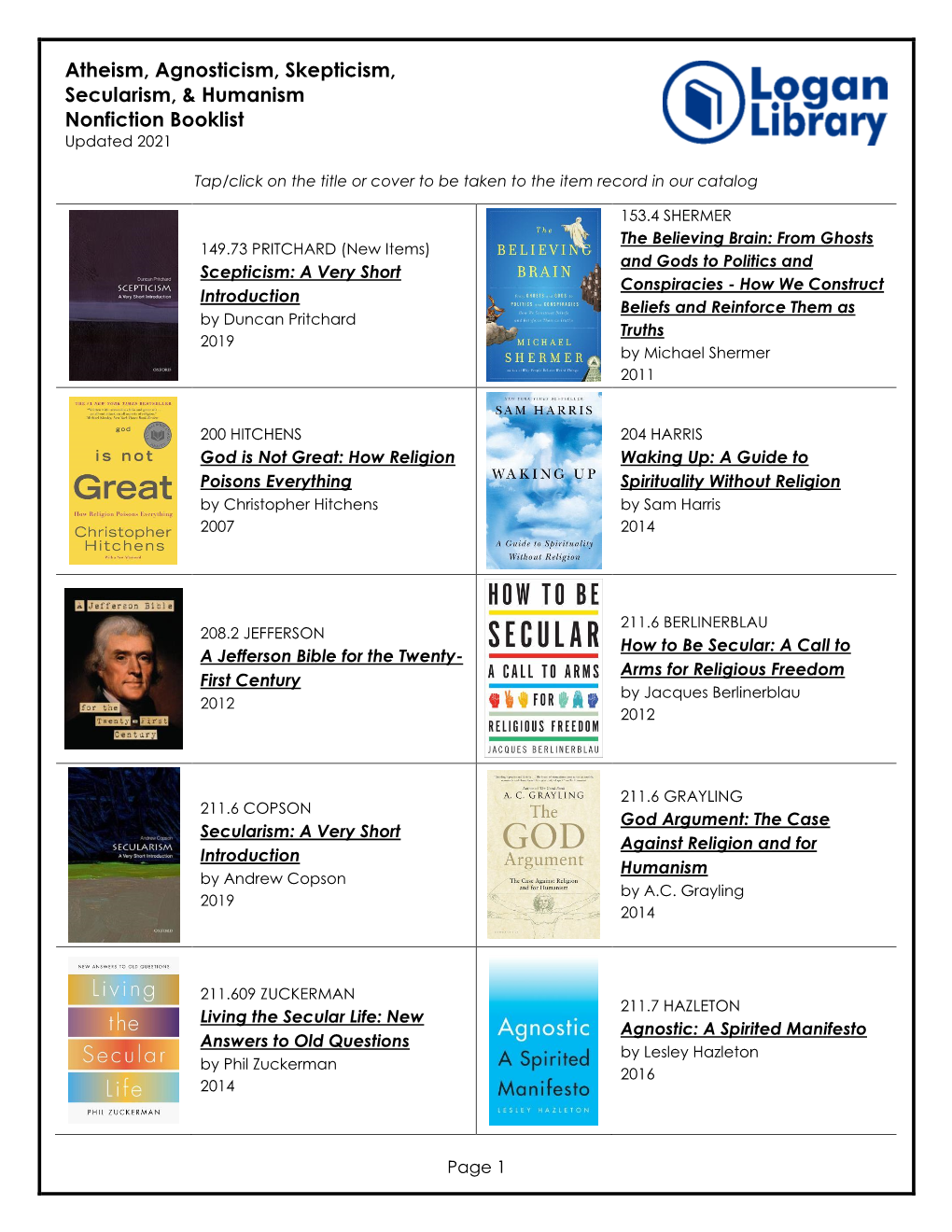 Atheism, Agnosticism, Skepticism, Secularism, & Humanism Nonfiction Booklist Updated 2021