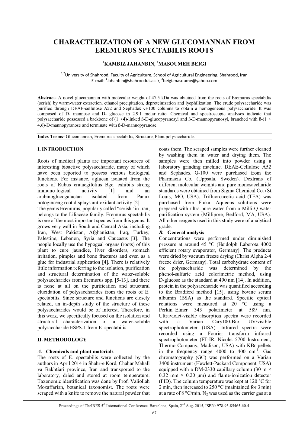 Characterization of a New Glucomannan from Eremurus Spectabilis Roots