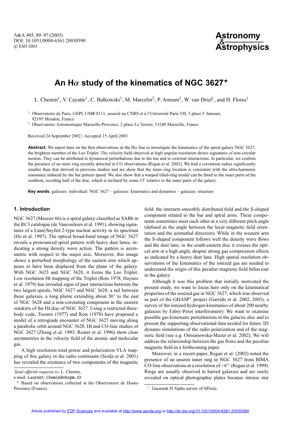 An Hα Study of the Kinematics of NGC 3627