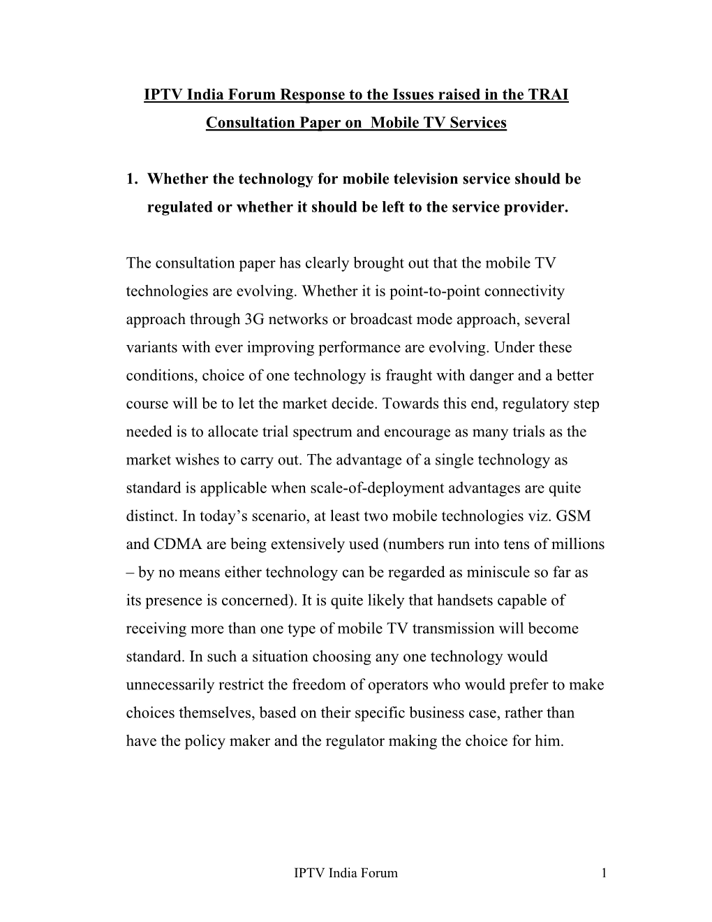 IPTV India Forum Response to the Issues Raised in the TRAI Consultation Paper on Mobile TV Services