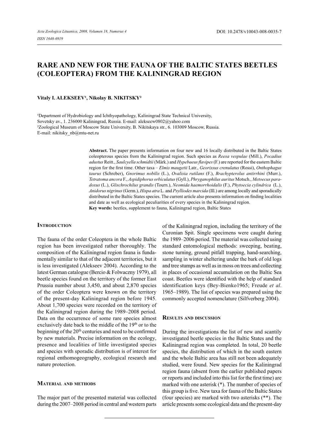 Rare and New for the Fauna of the Baltic States Beetles (Coleoptera) from the Kaliningrad Region