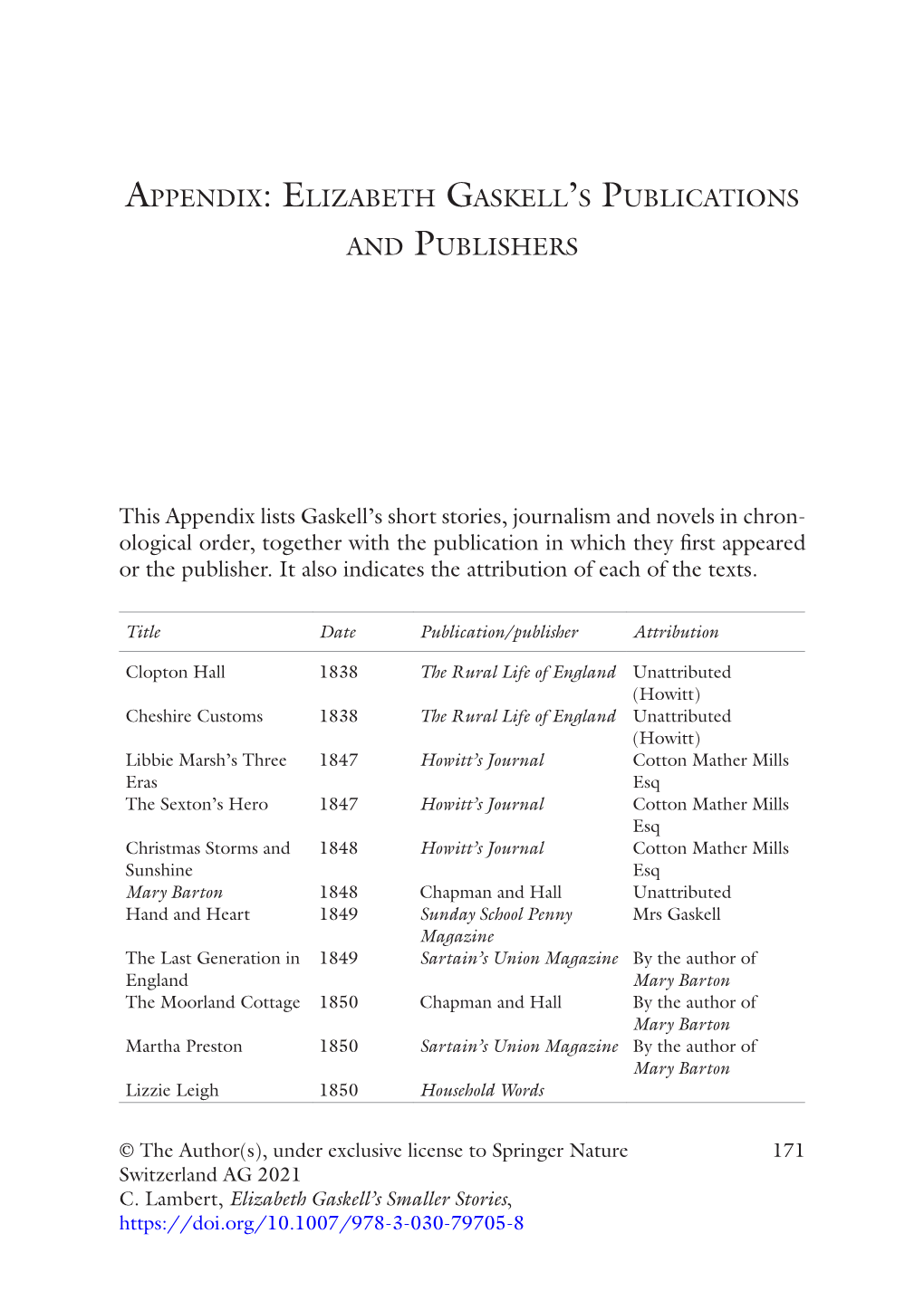 APPENDIX: ELIZABETH Gaskell's PUBLICATIONS and PUBLISHERS