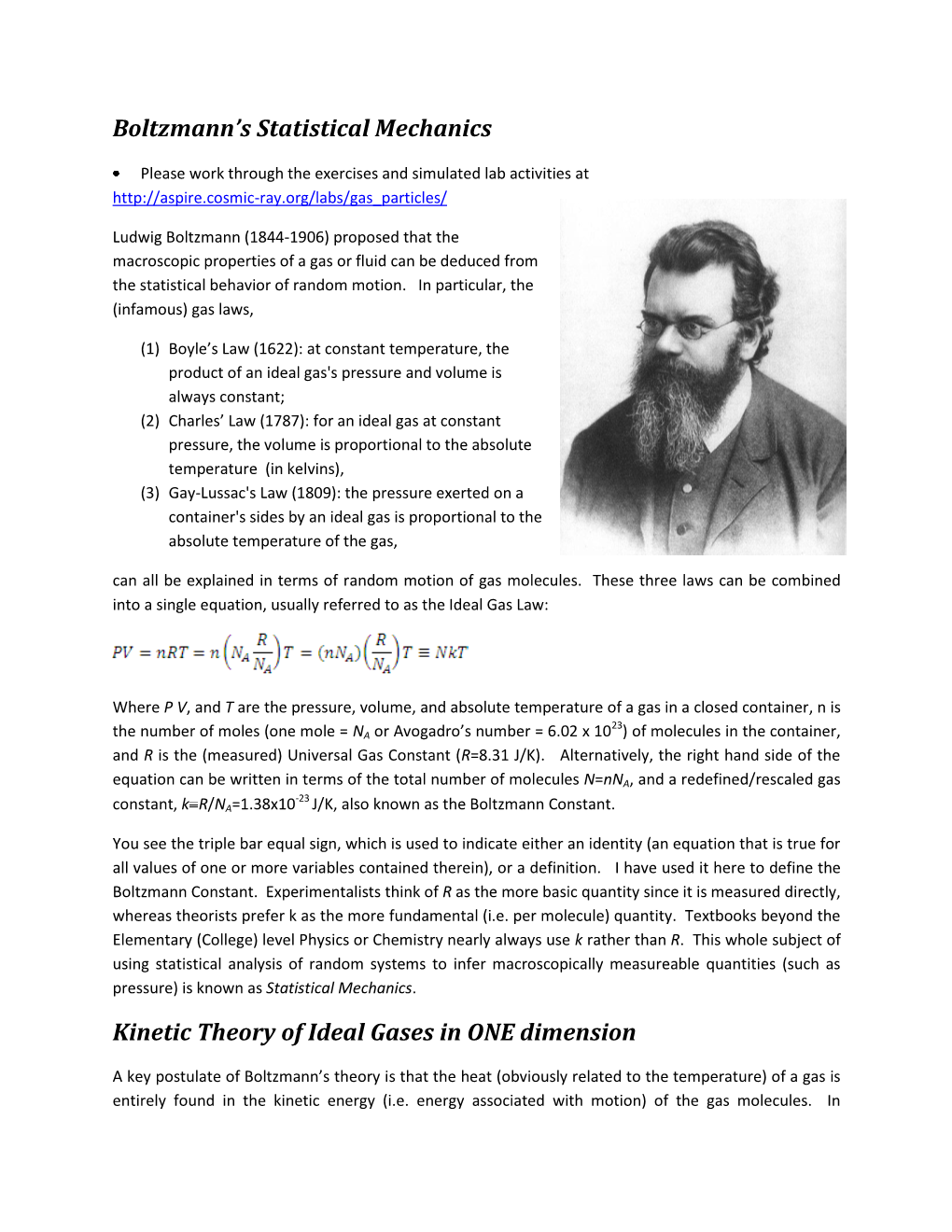 Boltzmann's Statistical Mechanics Kinetic Theory of Ideal Gases In