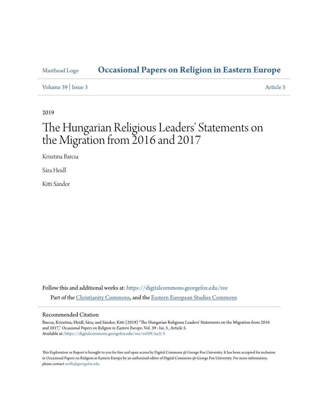 The Hungarian Religious Leaders' Statements on the Migration From