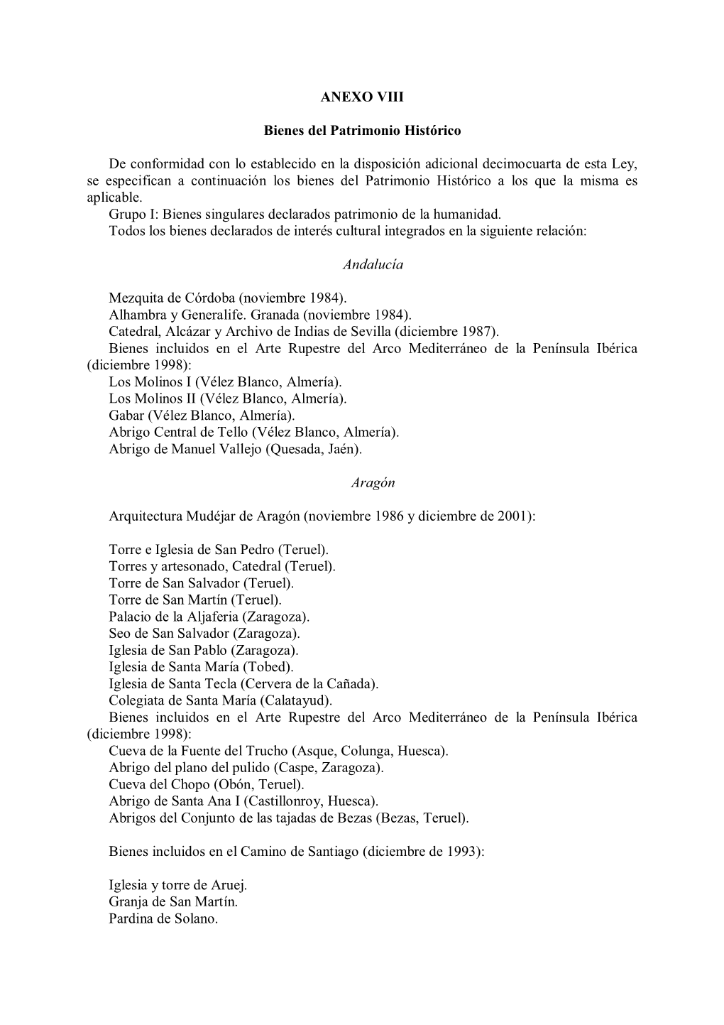 ANEXO VIII Bienes Del Patrimonio Histórico De Conformidad Con Lo