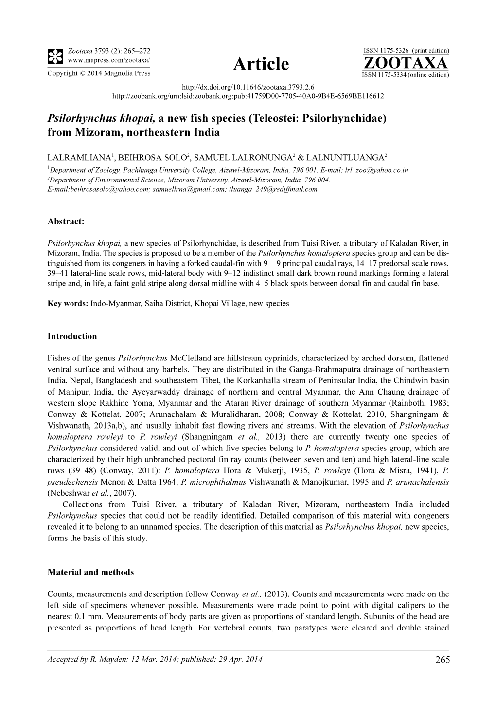 Psilorhynchus Khopai, a New Fish Species (Teleostei: Psilorhynchidae) from Mizoram, Northeastern India