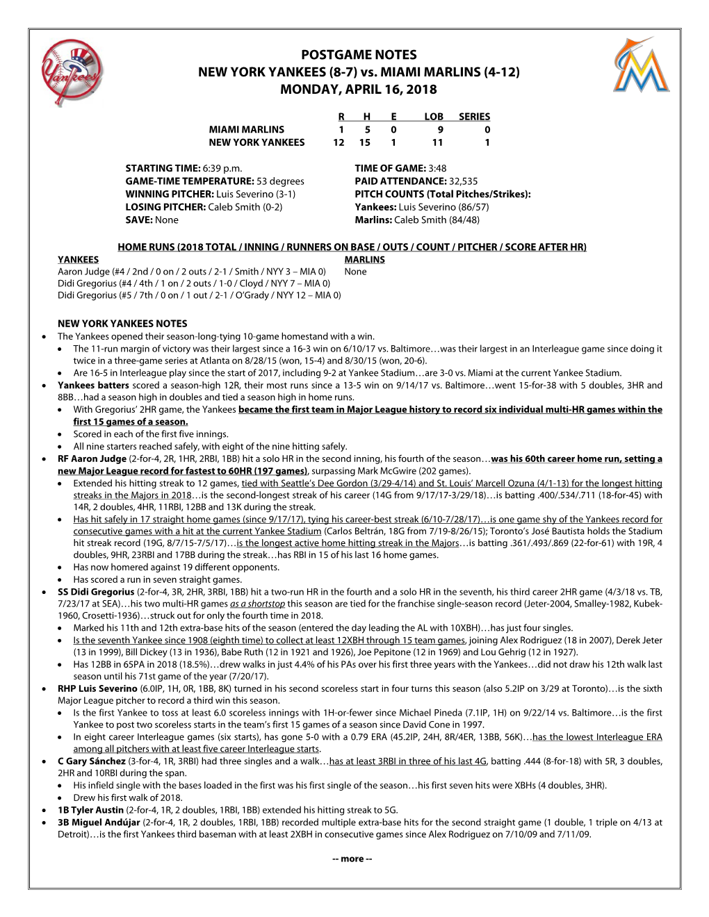 POSTGAME NOTES NEW YORK YANKEES (8-7) Vs. MIAMI MARLINS (4-12) MONDAY, APRIL 16, 2018