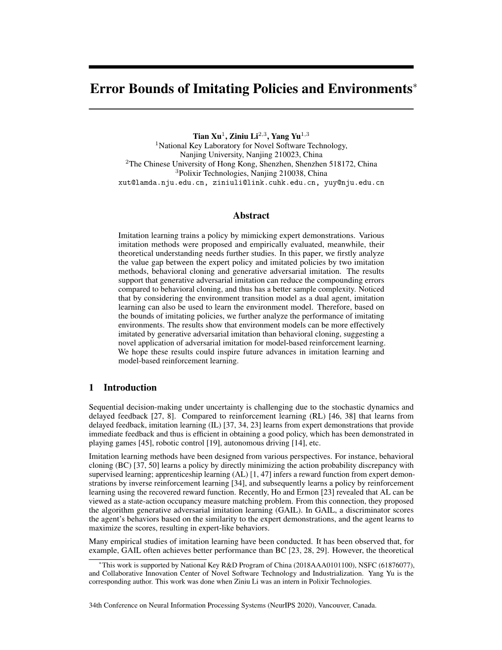 Error Bounds of Imitating Policies and Environments∗