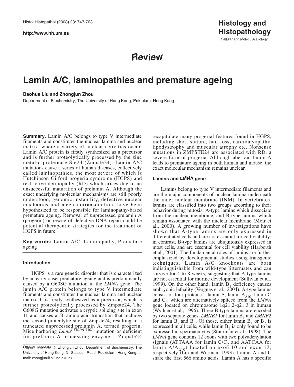 Review Lamin A/C, Laminopathies and Premature Ageing