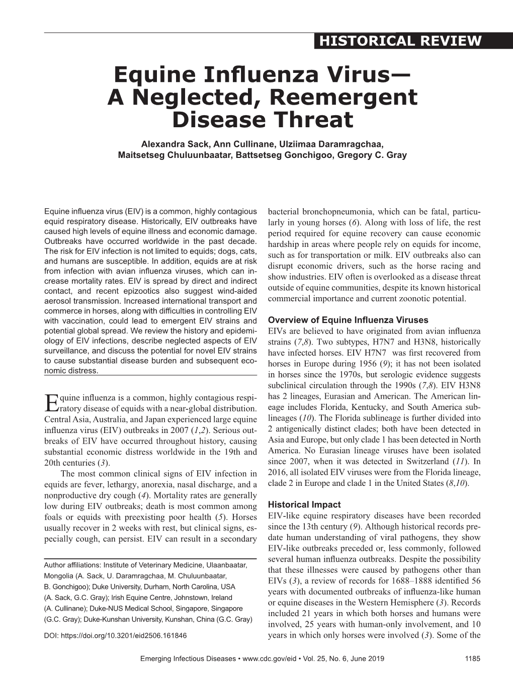 Equine Influenza Virus—A Neglected, Reemergent Disease Threat