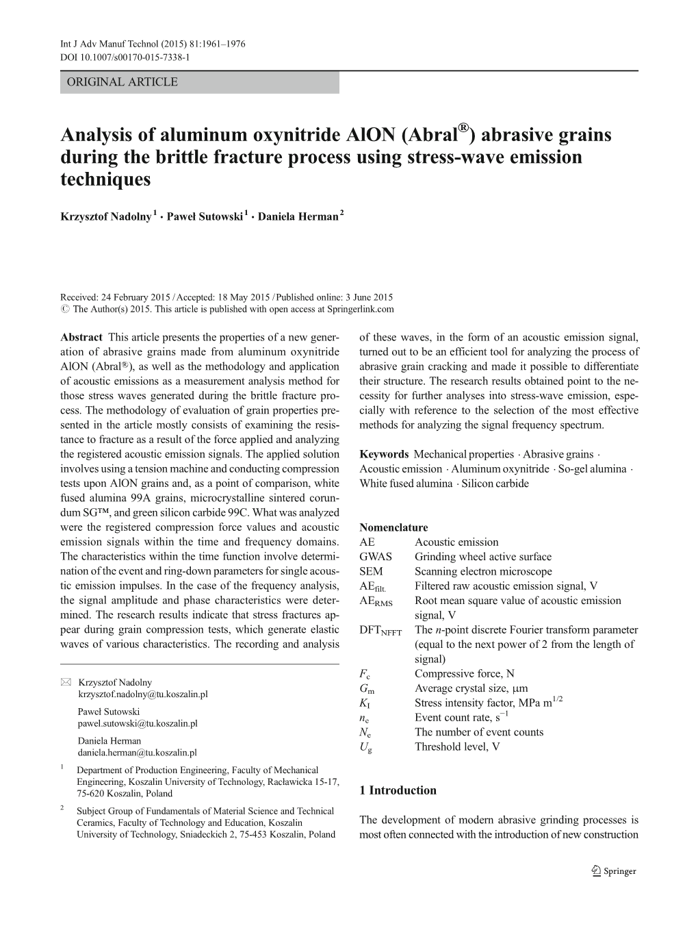 Analysis of Aluminum Oxynitride Alon (Abral®) Abrasive Grains During the Brittle Fracture Process Using Stress-Wave Emission Techniques
