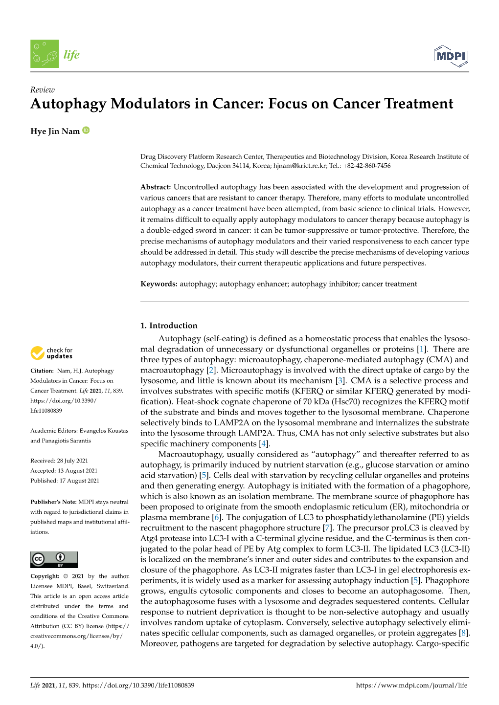 Autophagy Modulators in Cancer: Focus on Cancer Treatment