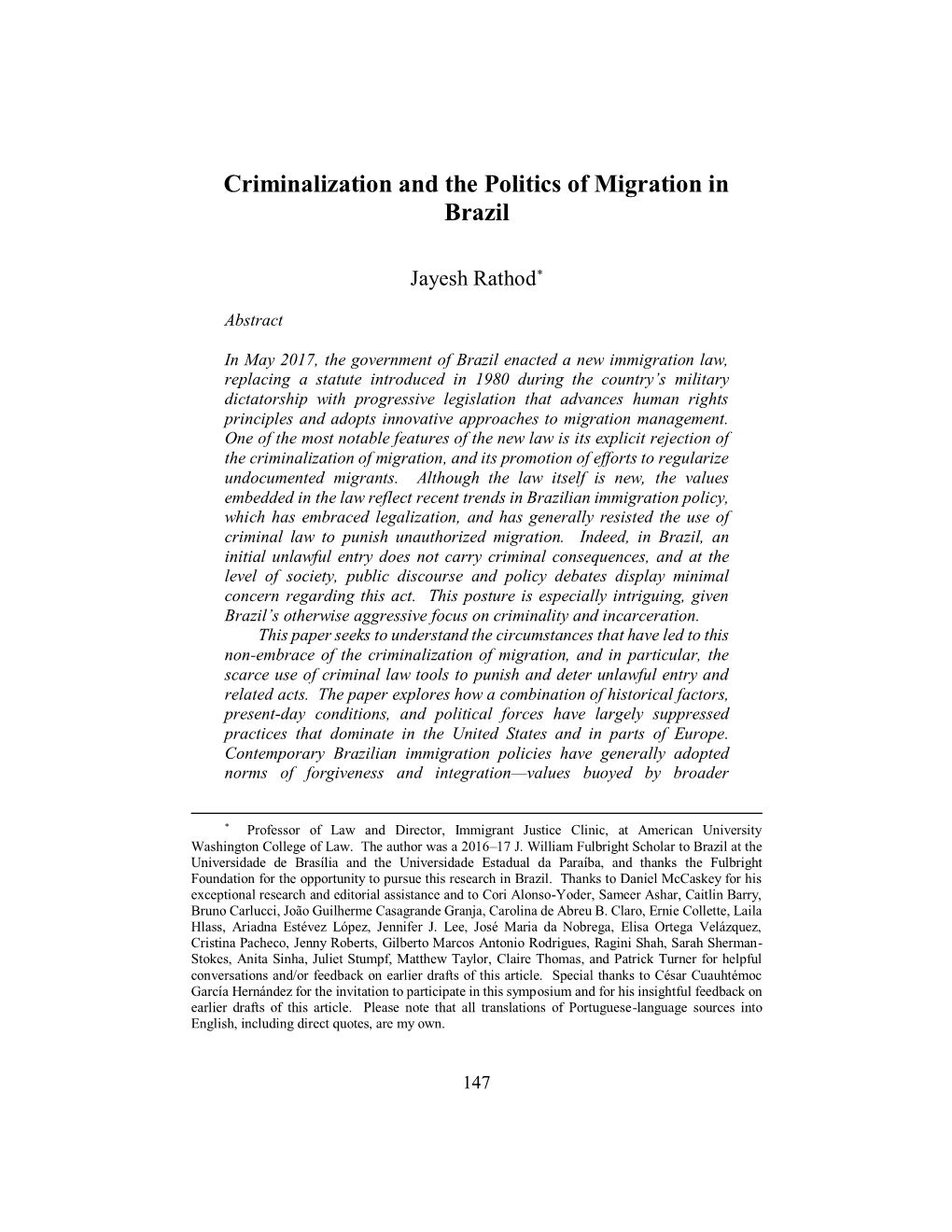 Criminalization and the Politics of Migration in Brazil