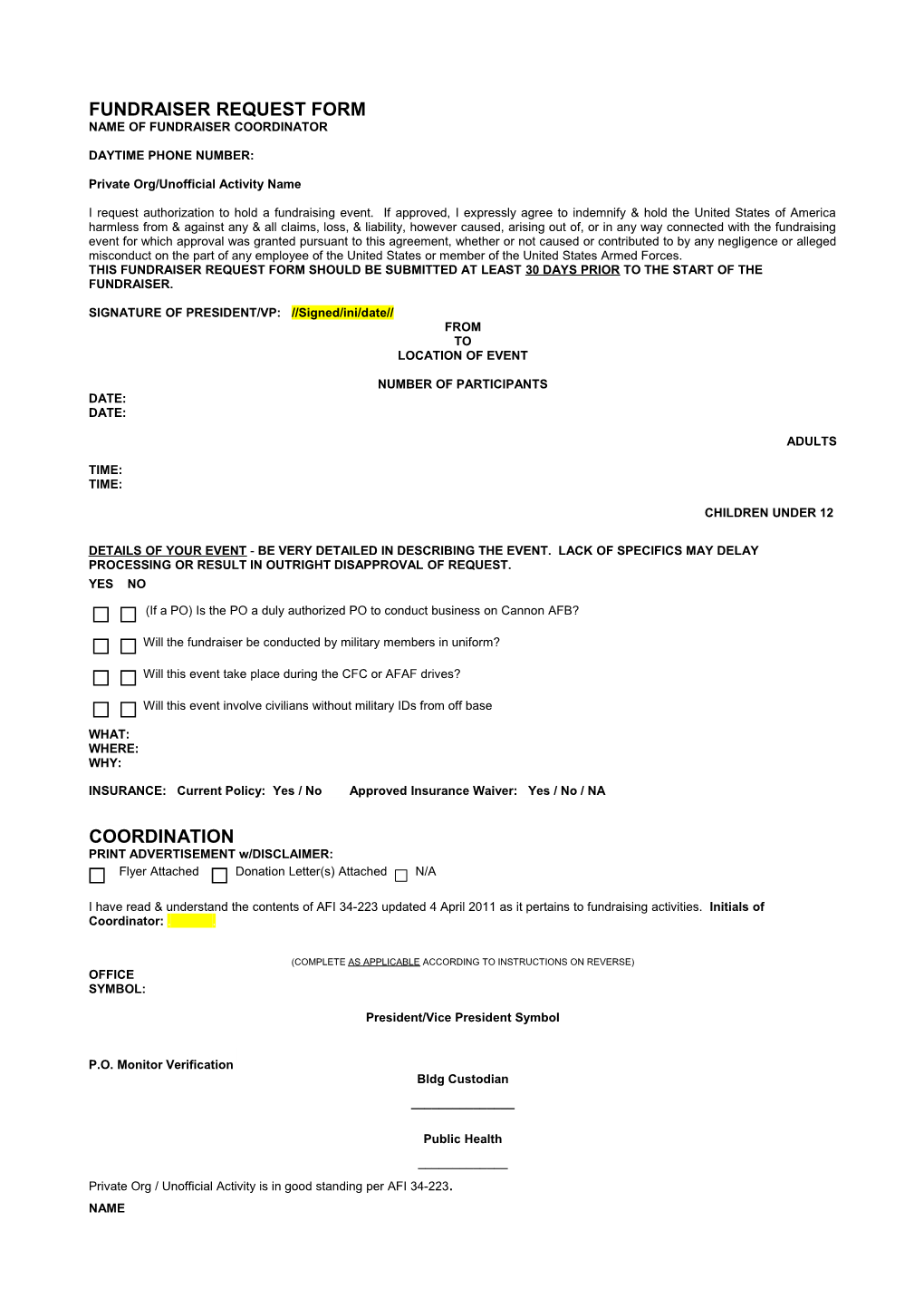 Fundraiser/ Use Of Base Facilities Request Form