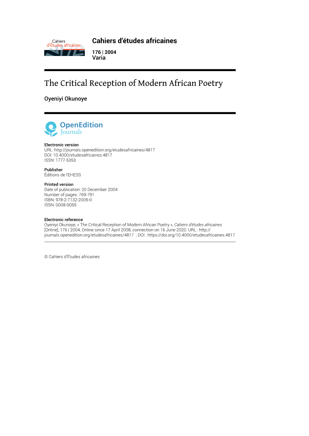 The Critical Reception of Modern African Poetry