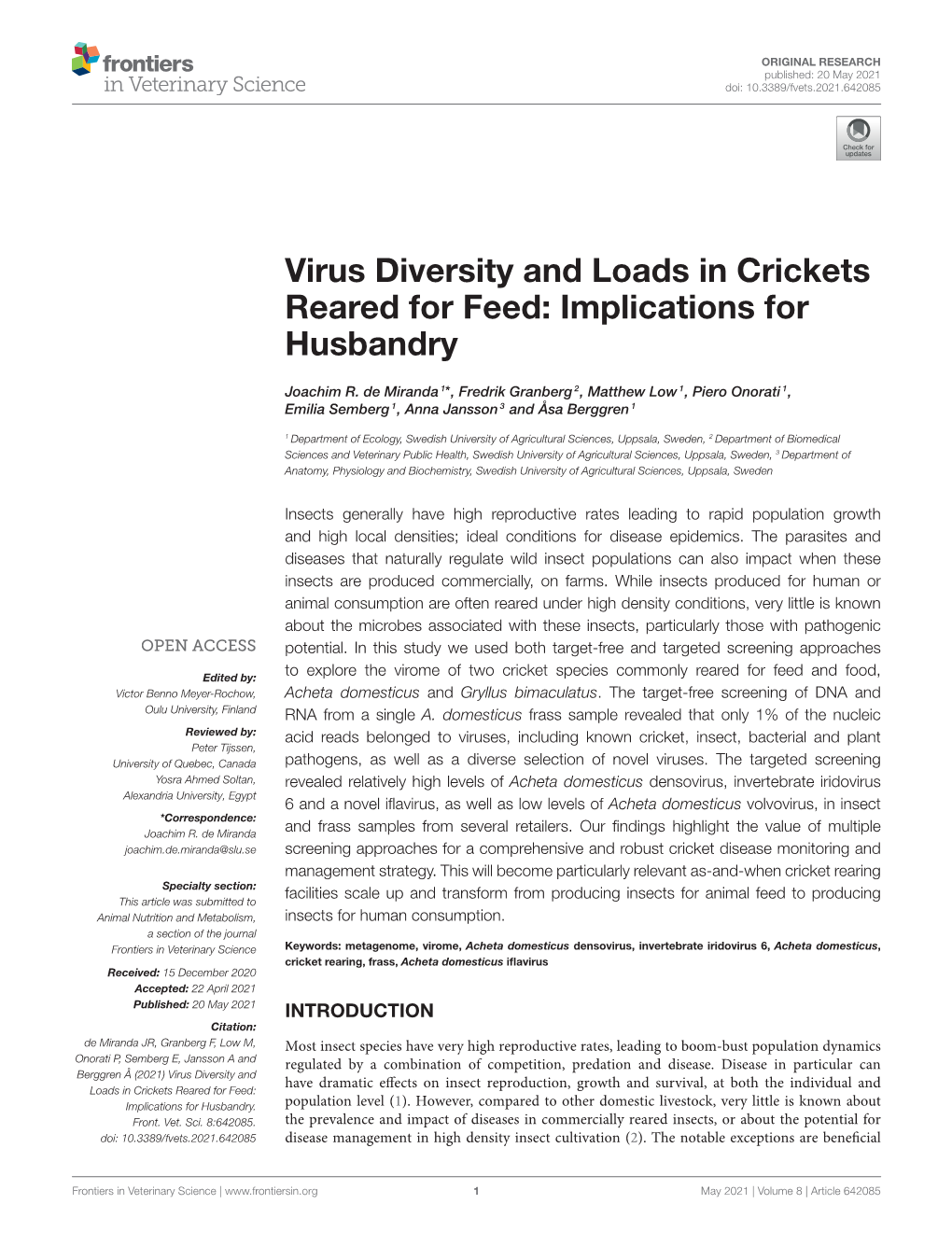 Virus Diversity and Loads in Crickets Reared for Feed: Implications for Husbandry