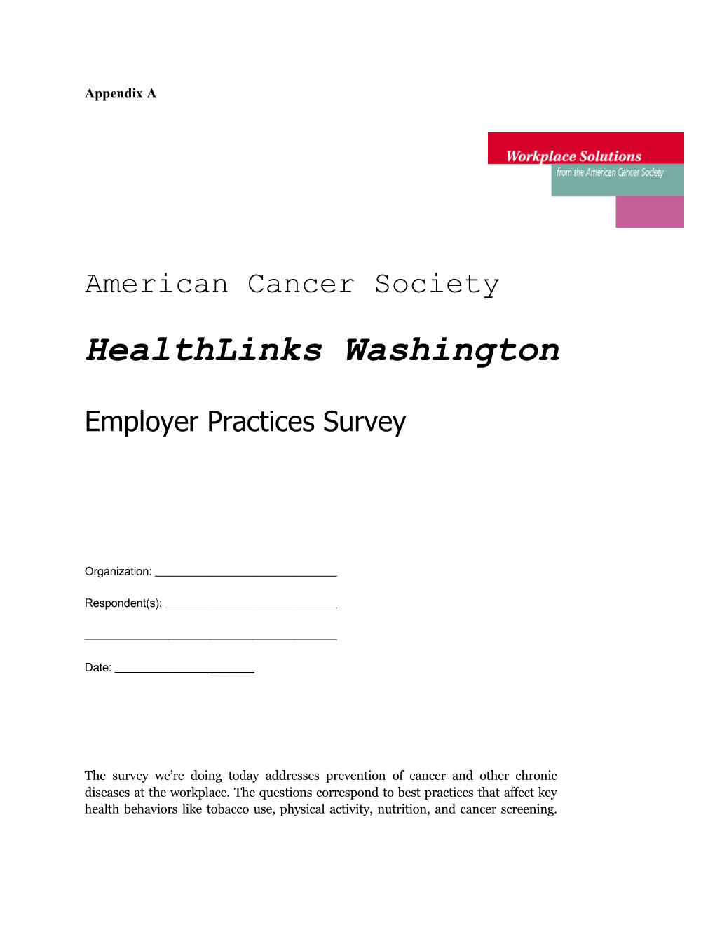 American Cancer Society Healthlinks Washington Employer Practices Survey