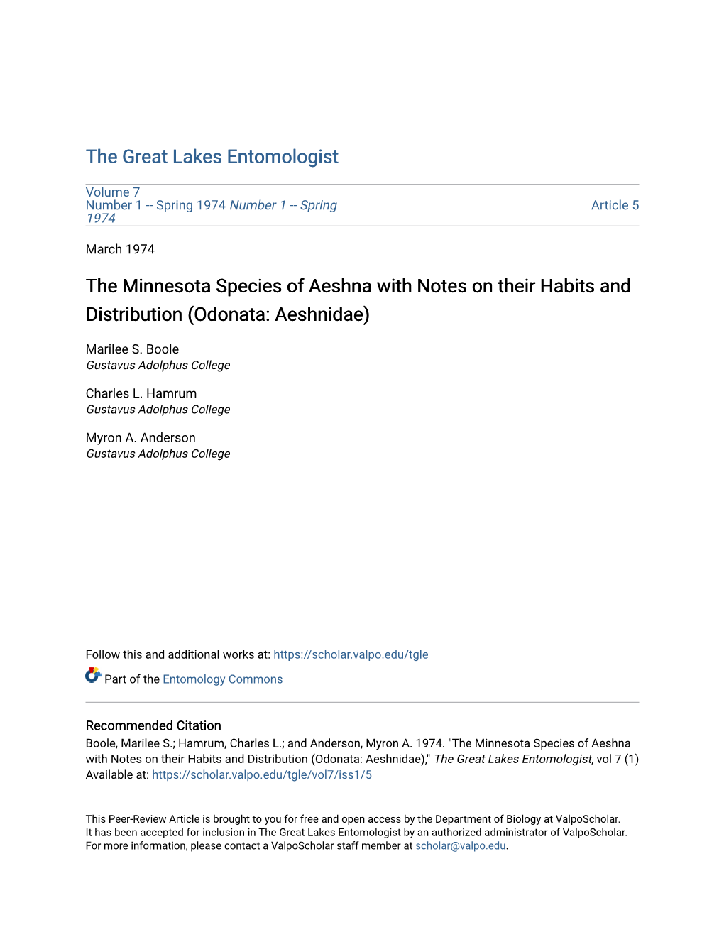 The Minnesota Species of Aeshna with Notes on Their Habits and Distribution (Odonata: Aeshnidae)