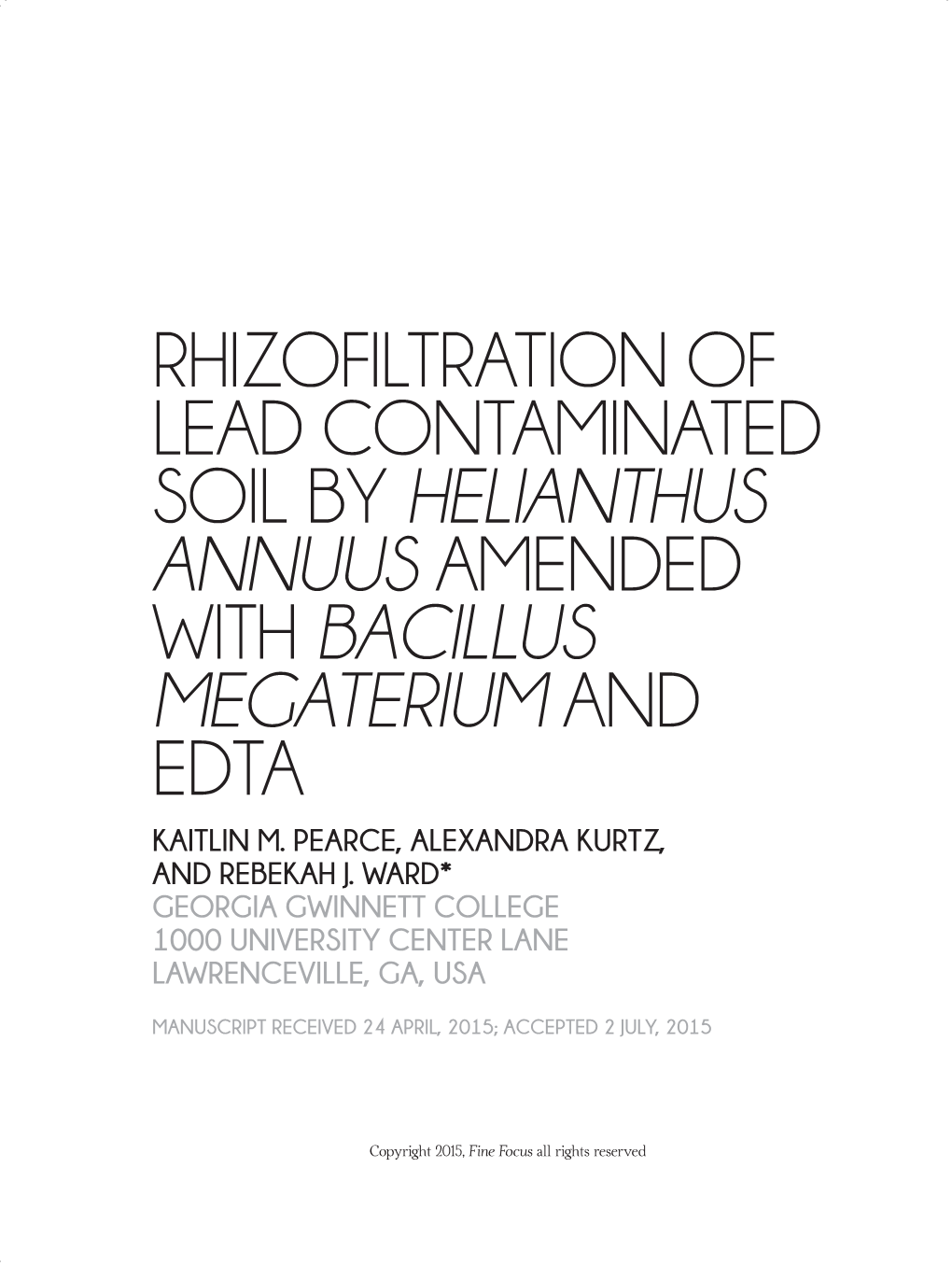 Rhizofiltration of Lead Contaminated Soil by Helianthus Annuus Amended with Bacillus Megaterium and Edta Kaitlin M
