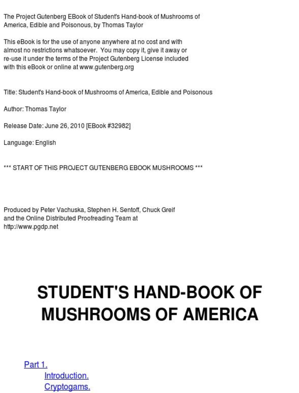 Student's Hand-Book of Mushrooms of America, Edible and Poisonous by Thomas Taylor