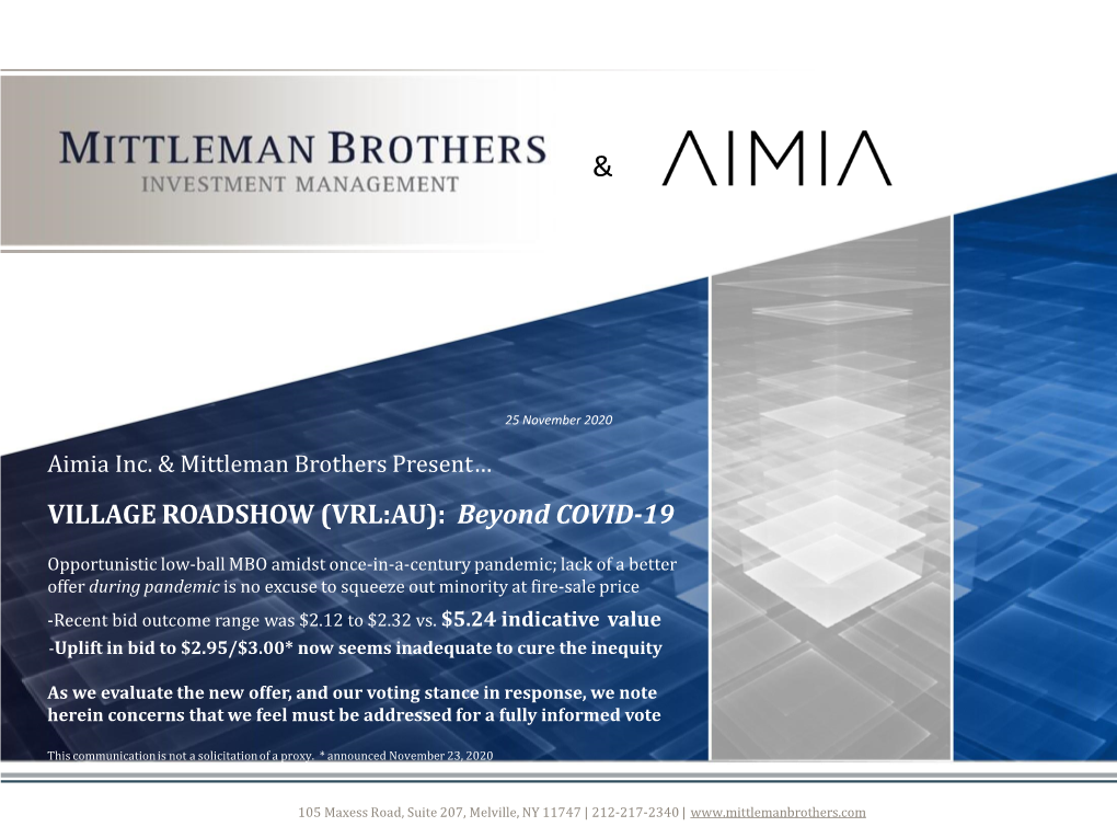VILLAGE ROADSHOW (VRL:AU): Beyond COVID-19