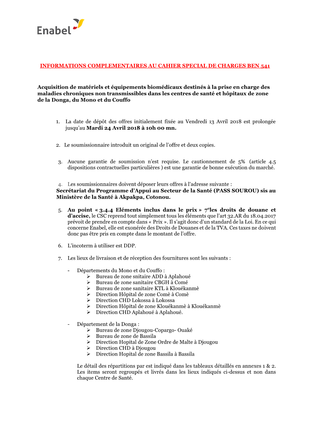 Informations Complementaires Au Cahier Special De Charges Ben 541