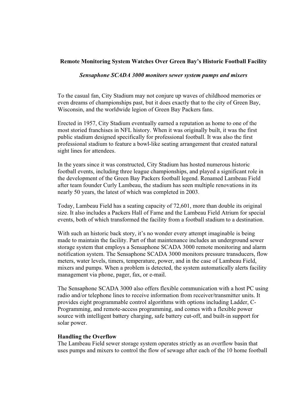 Remote Monitoring System Watches Over Green Bay's Historic Football Facility Sensaphone SCADA 3000 Monitors Sewer System Pumps