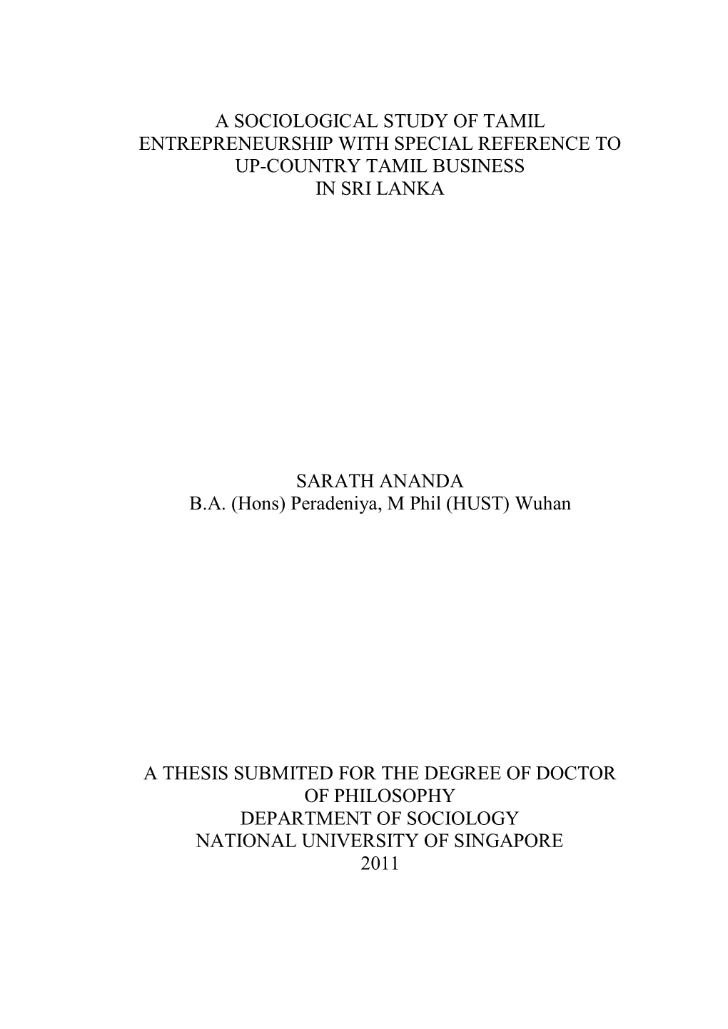 A Sociological Study of Tamil Entrepreneurship with Special Reference to Up-Country Tamil Business in Sri Lanka