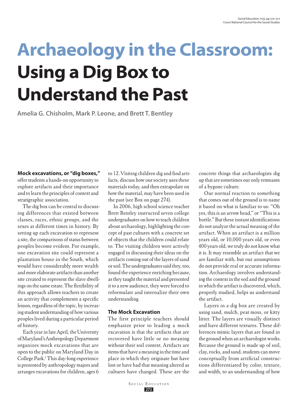 Archaeology in the Classroom: Using a Dig Box to Understand the Past Amelia G