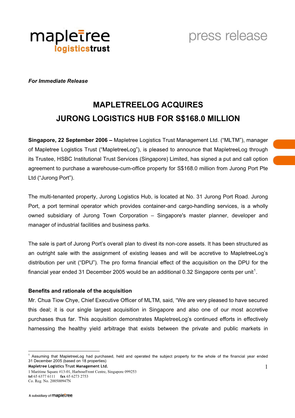 Mapletreelog Acquires Jurong Logistics Hub for S$168.0 Million