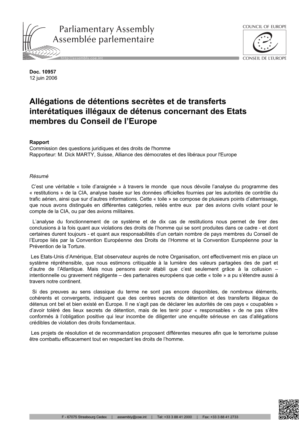 Allégations De Détentions Secrètes Et De Transferts Interétatiques Illégaux De Détenus Concernant Des Etats Membres Du Conseil De L’Europe