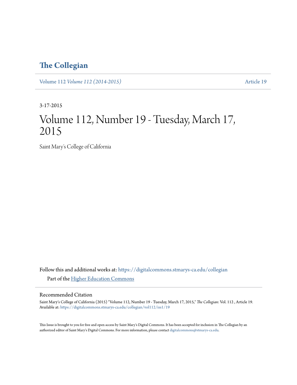Volume 112, Number 19 - Tuesday, March 17, 2015 Saint Mary's College of California