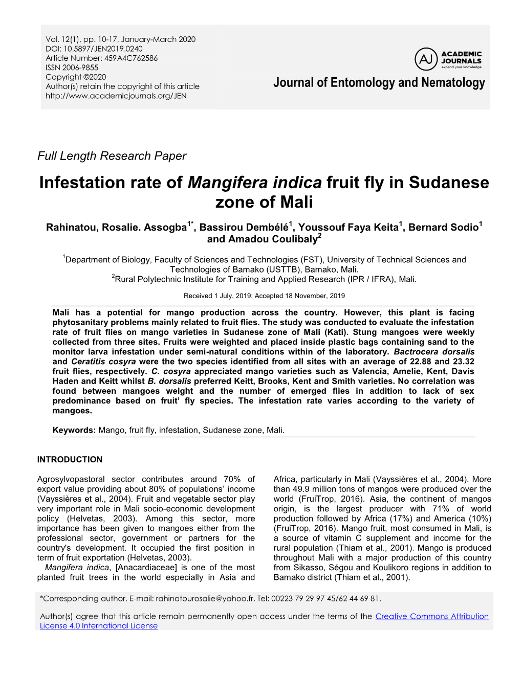 Infestation Rate of Mangifera Indica Fruit Fly in Sudanese Zone of Mali