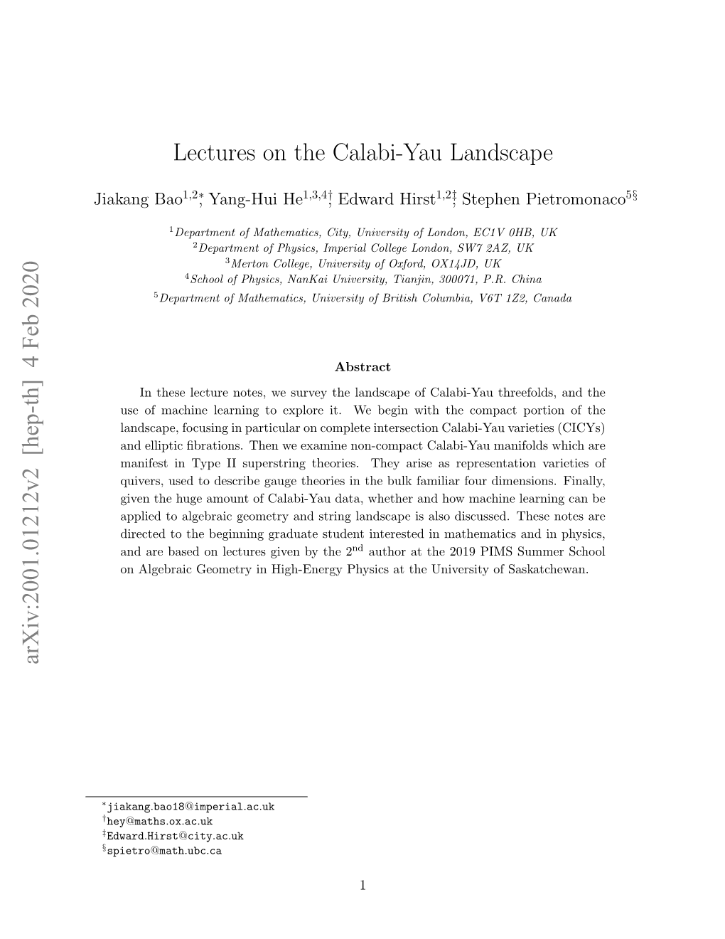 Lectures on the Calabi-Yau Landscape Arxiv:2001.01212V2