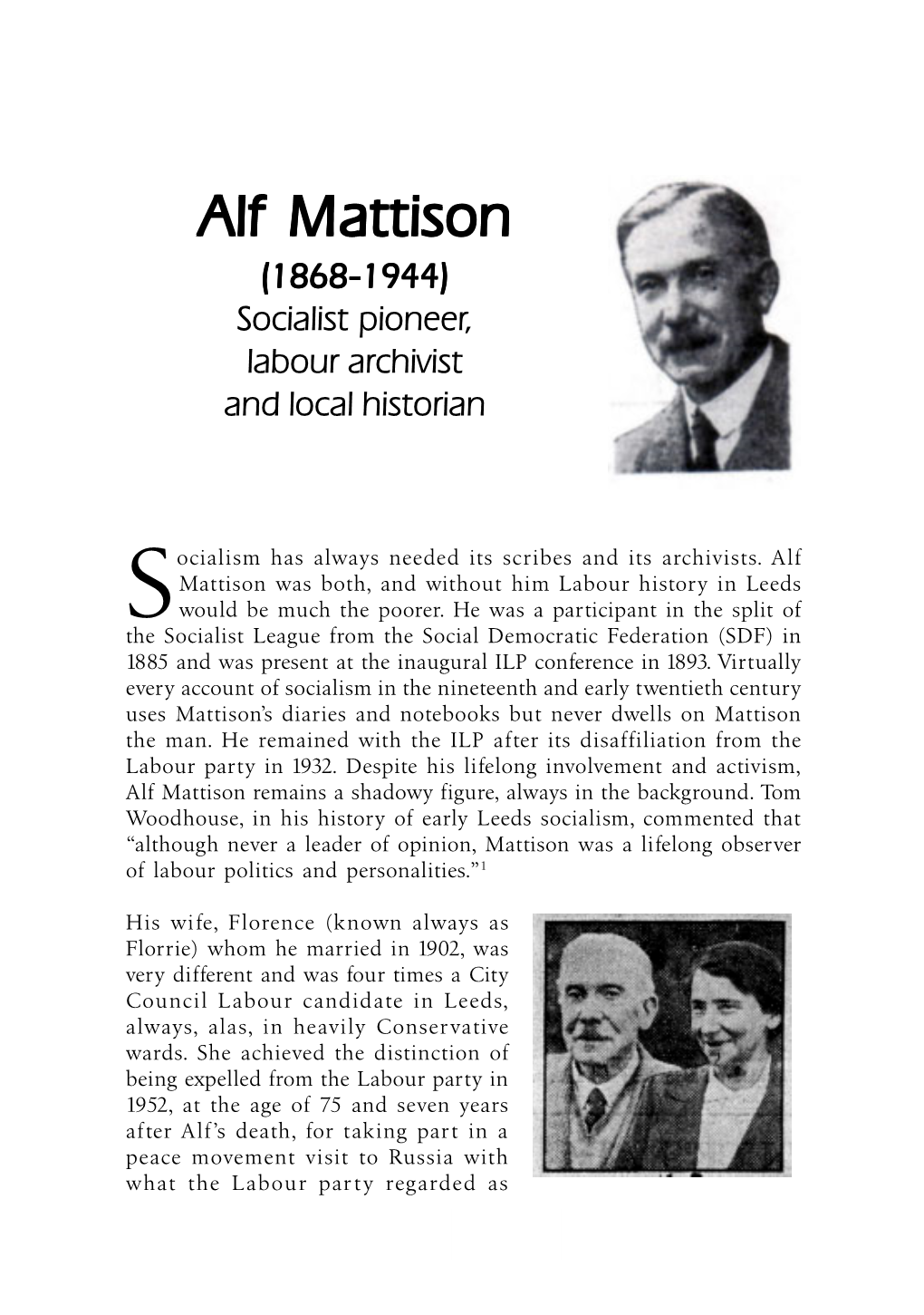 Alf Mattison (1868-1944) Socialist Pioneer, Labour Archivist and Local Historian