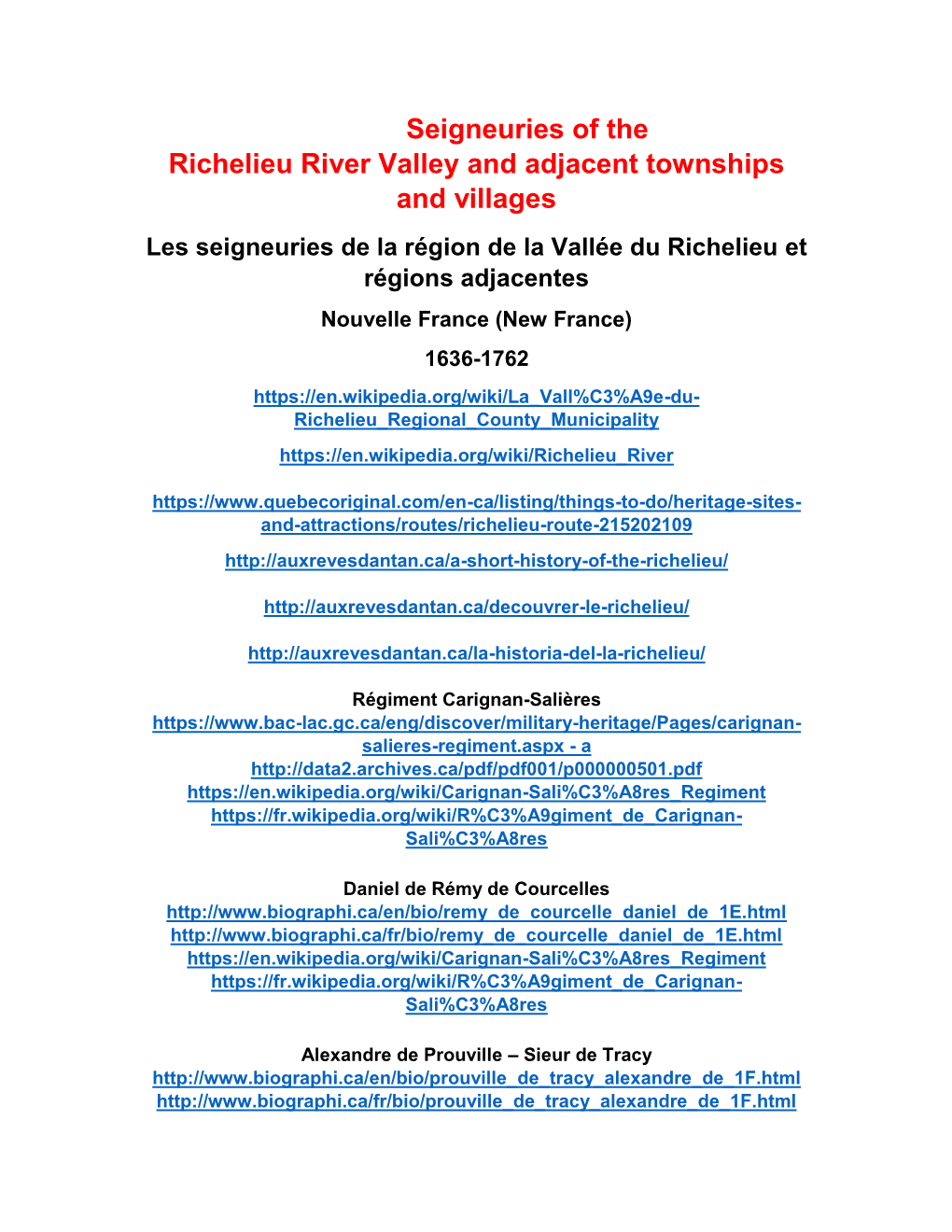 Seigneuries of the Richelieu River Valley and Adjacent Townships and Villages