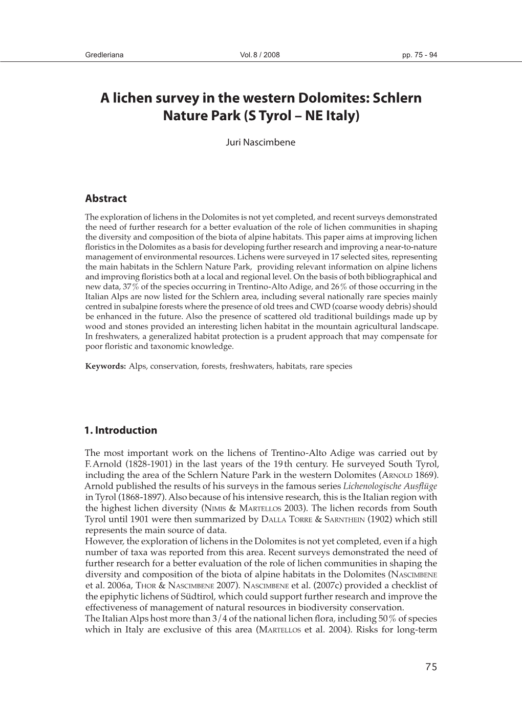 A Lichen Survey in the Western Dolomites: Schlern Nature Park (S Tyrol – NE Italy)