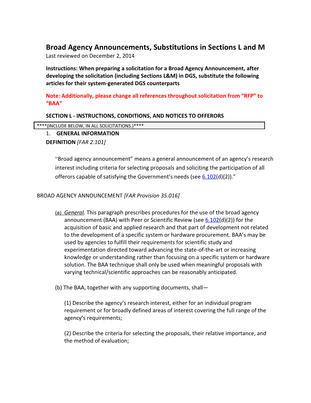 Broad Agency Announcements, Substitutions in Sections L and M