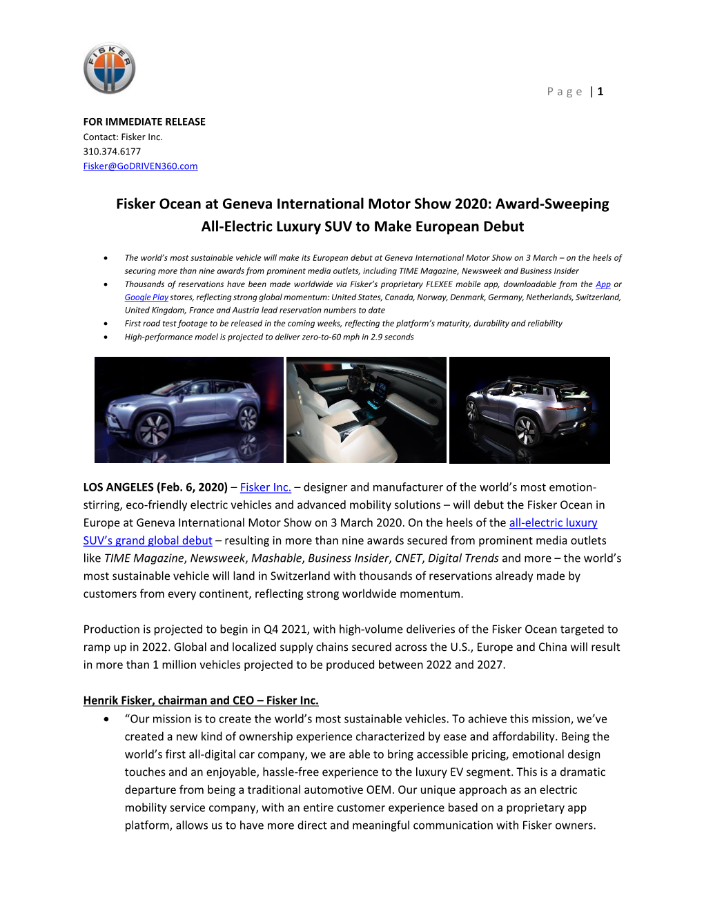 Fisker Ocean at Geneva International Motor Show 2020: Award-Sweeping All-Electric Luxury SUV to Make European Debut