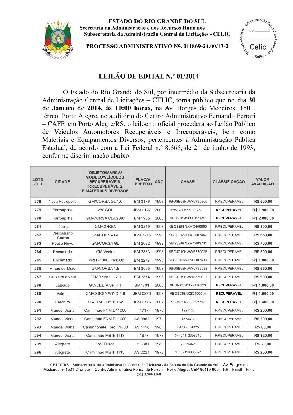 LEILÃO DE EDITAL N.º 01/2014 O Estado Do Rio Grande Do Sul, Por