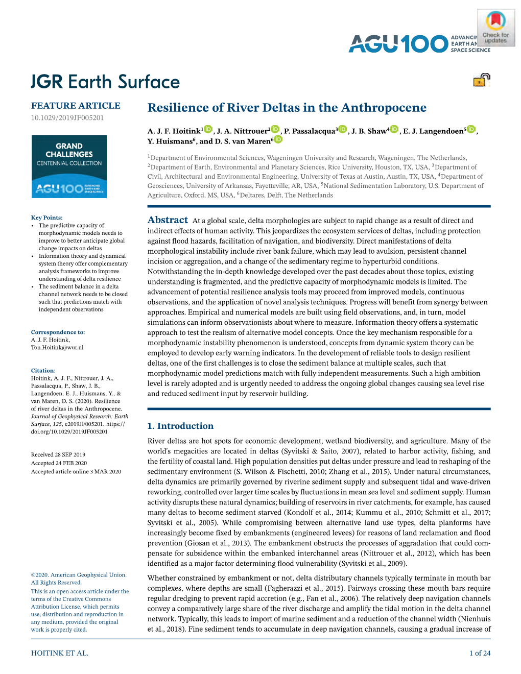 Resilience of River Deltas in the Anthropocene 10.1029/2019JF005201 A