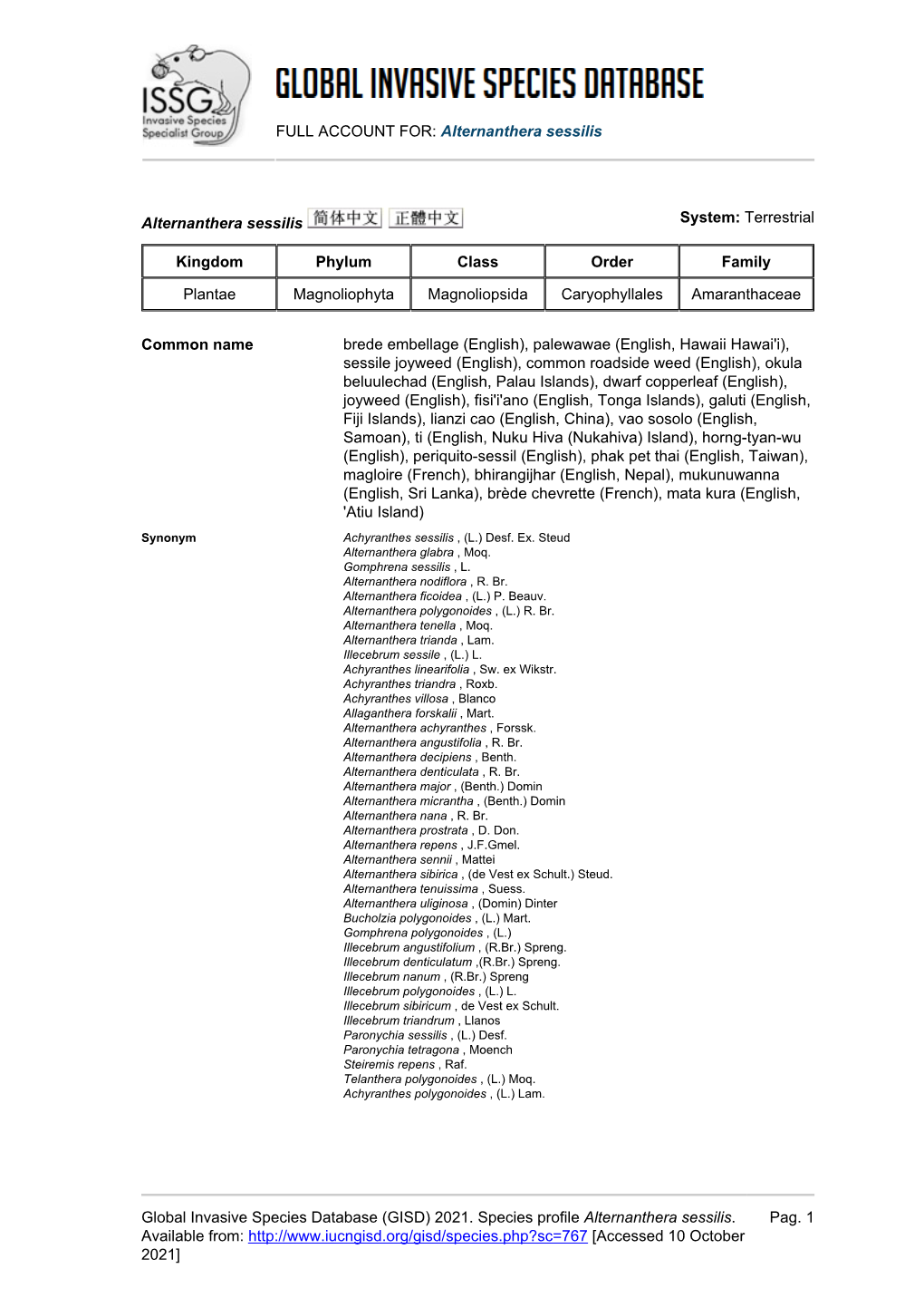 (GISD) 2021. Species Profile Alternanthera Sessilis. A