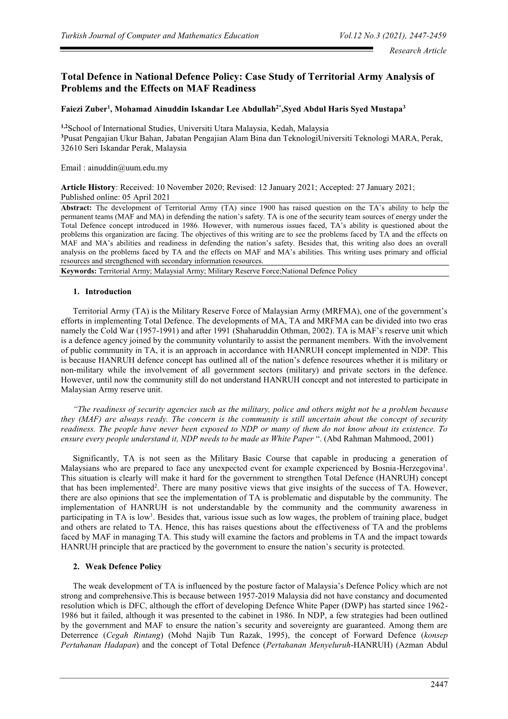 Case Study of Territorial Army Analysis of Problems and the Effects on MAF Readiness