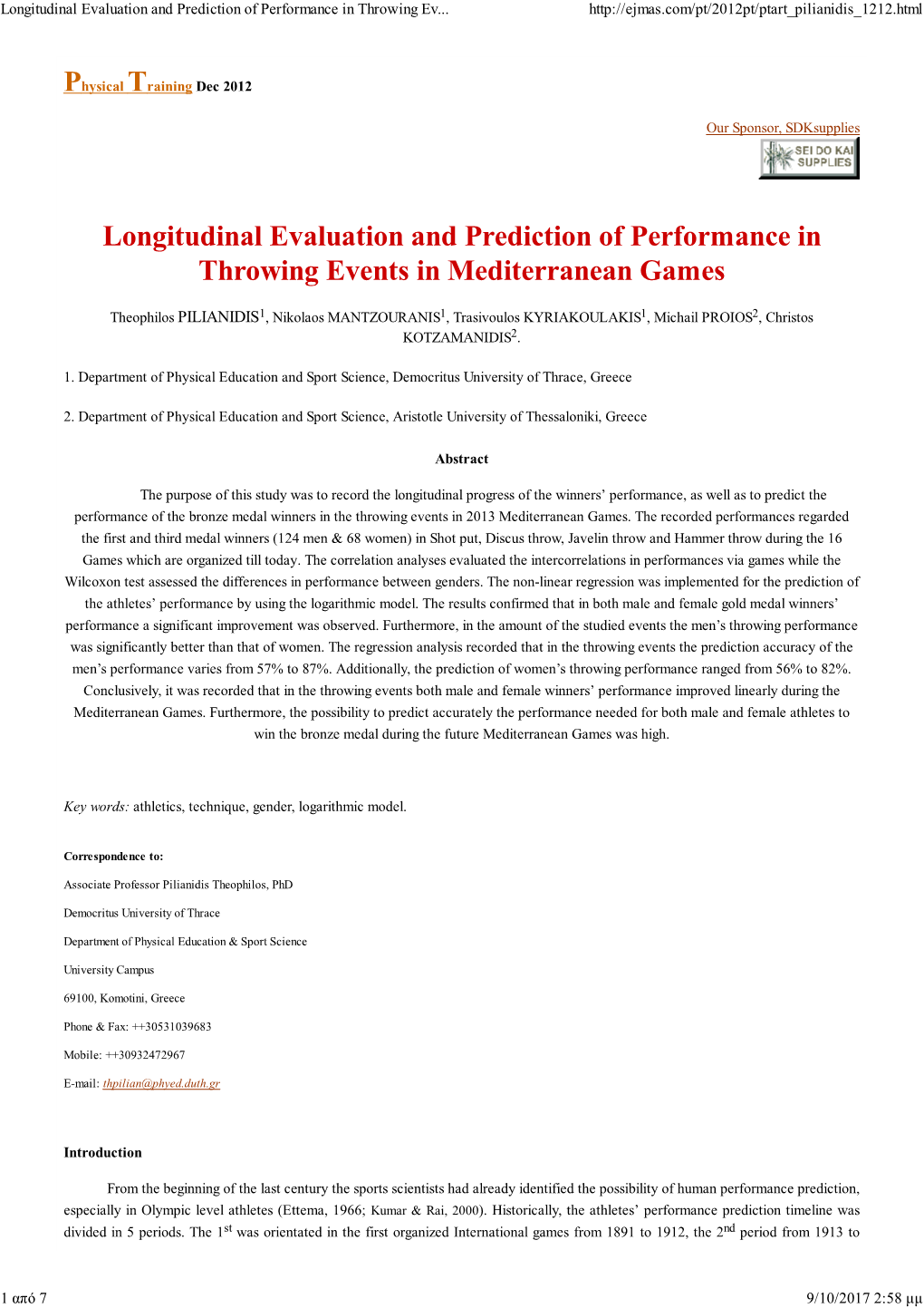 Longitudinal Evaluation and Prediction of Performance in Throwing Ev